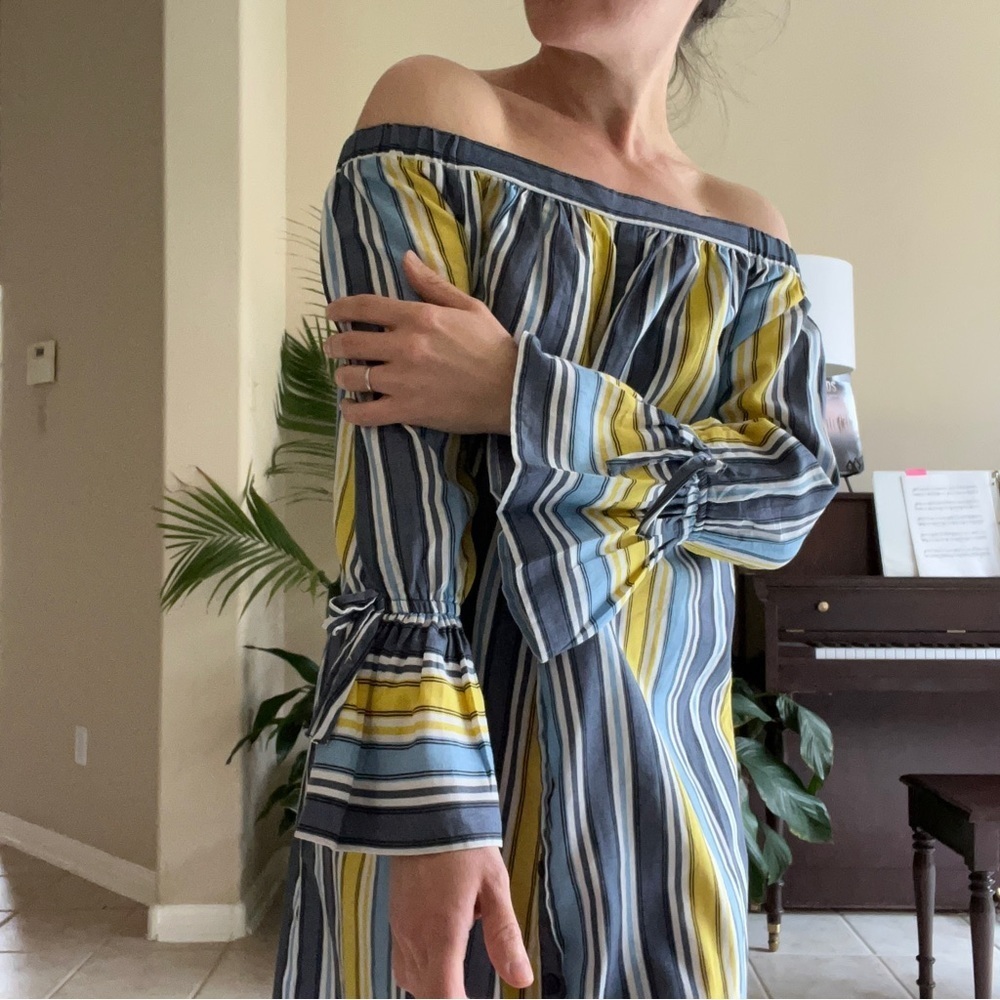 Label by 5 Twelve Off-Shoulder Linen blend Striped Dress, blue and yellow